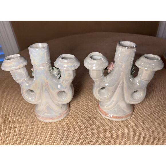 Lusterware Mid Century Opalescent Porcelain Rose Candelabra--Set of 2--Vintage - Picture 4 of 12